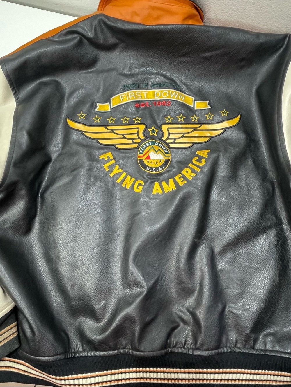 Vtg First Down Sixty Four Flying America Bomber Faux Leather Jacket Logo Men XL